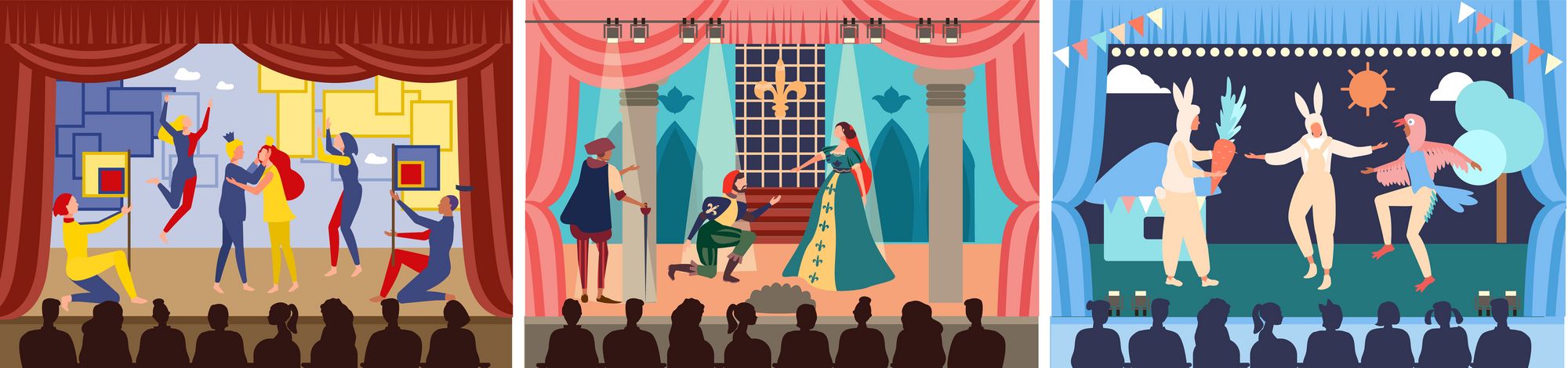 Bild zeigt drei Illustrationen von Theateraufführungen 