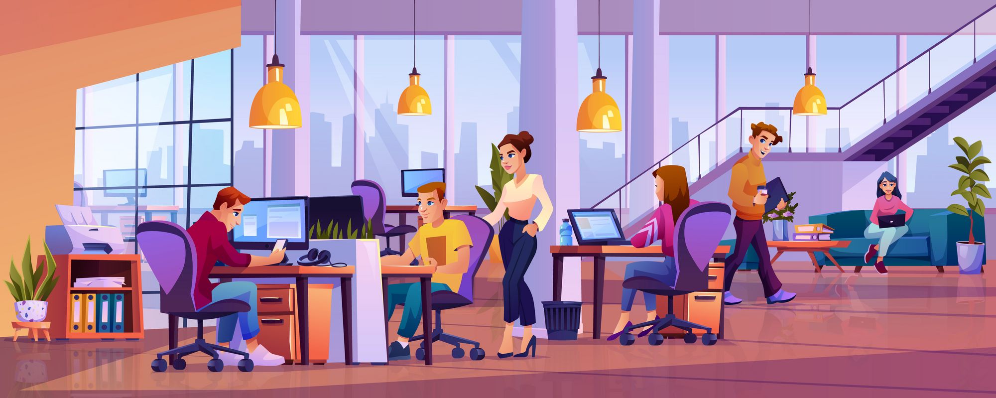 Bild zeigt eine Illustration einer Art Jugendtreff. Jugendliche sitzen am Computern