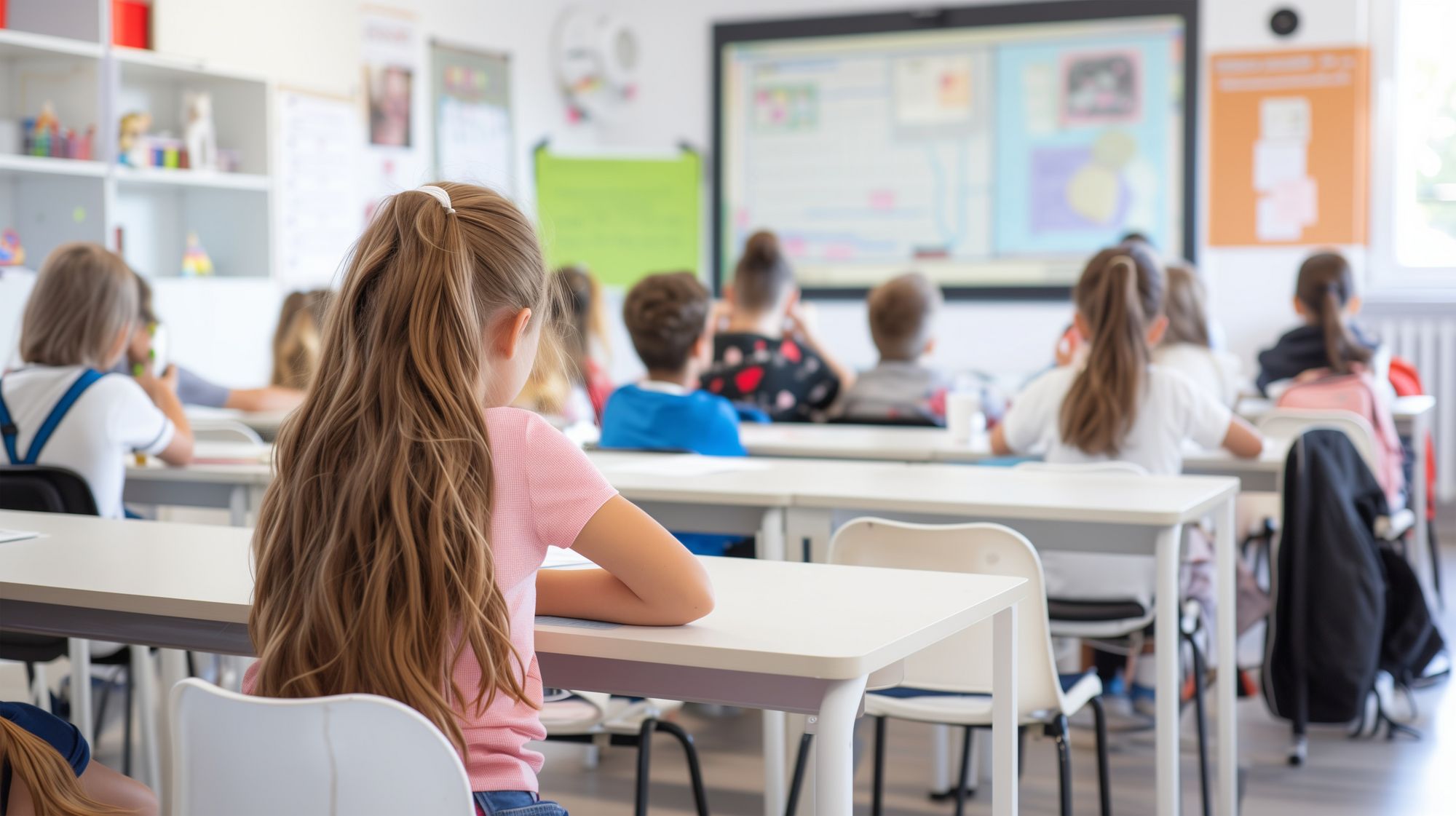 Bild zeigt ein Kind was hinten in einem Klassenraum am Tisch sitzt