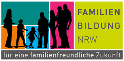 Das Bild zeigt das Programmlogo von Familienbildung NRW. Es besteht mehreren nebeneinander angeordneten Vierecken in verschiedenen Farben. Vor den Vierecken sind als schwarze Umrisszeichnung von Personen aus verschiedenen Altersgruppen abgebildet, u.a. Kinder, Schwangere und Senioren. Auf der rechten Seite steht in einem grünen Viereck die Aufschrift Familienbildung NRW. Unter den Vierecken steht der Schriftzug für eine familienfreundliche Zukunft.