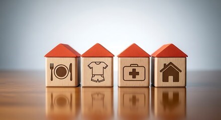 Das Bild zeigt vier kleine Häuser mit rotem Dach, die aus Bauklötzen bestehen. Auf den Vorderseiten der Häuser sind von links nach rechts die folgenden Symbole abgebildet: ein Teller mit Messer und Gabel, ein T-Shirt mit einer kurzen Hose, ein Medizinkoffer mit dem roten Kreuz sowie ein Haus.