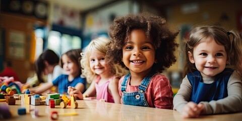 Auf dem Bild sind diverse Kinder an einem Tisch in einer Kindertageseinrichtung abgebildet. Einige Kinder lächeln in die Kamera, andere bauen mit bunten Holzklötzen.